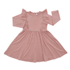Das neueste einfarbige, langärmlige Baby-Mädchenkleid aus 100 % Baumwolle mit Rüschen und Kinderkleidung