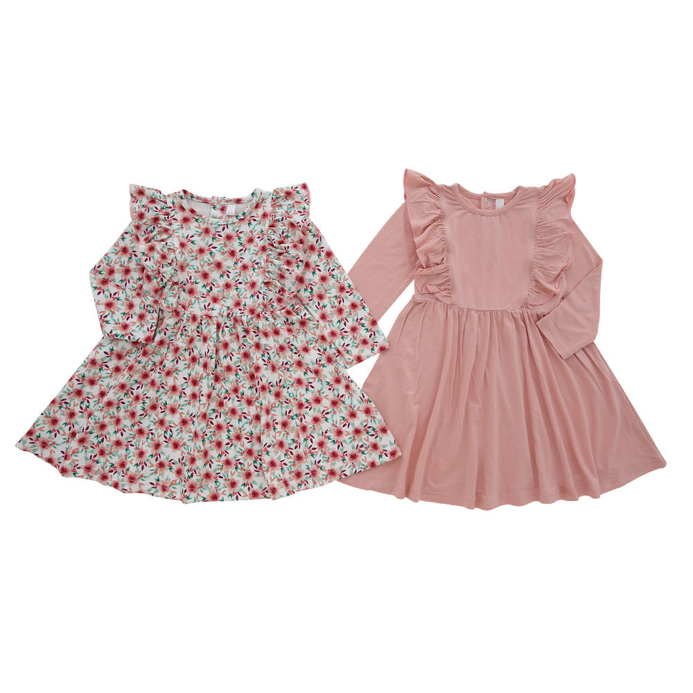 Das neueste einfarbige, langärmlige Baby-Mädchenkleid aus 100 % Baumwolle mit Rüschen und Kinderkleidung