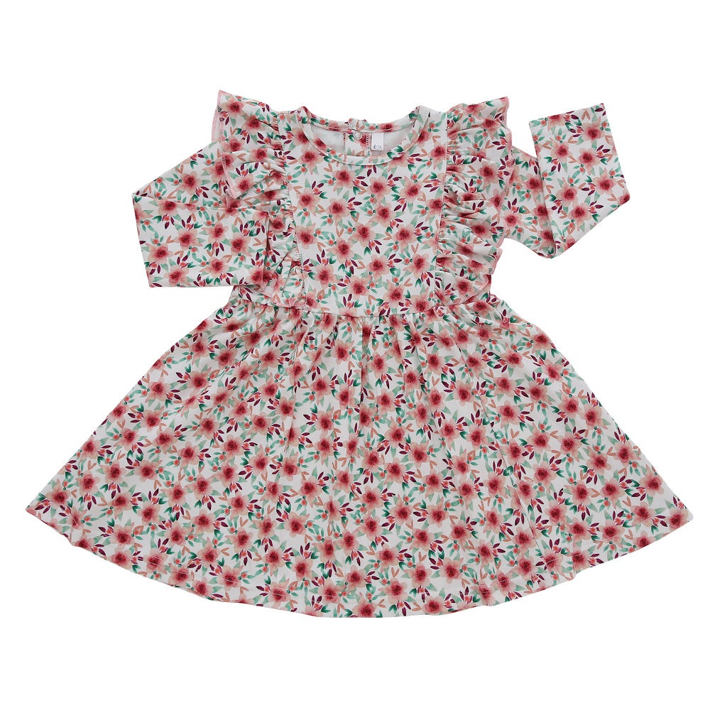 Das neueste einfarbige, langärmlige Baby-Mädchenkleid aus 100 % Baumwolle mit Rüschen und Kinderkleidung