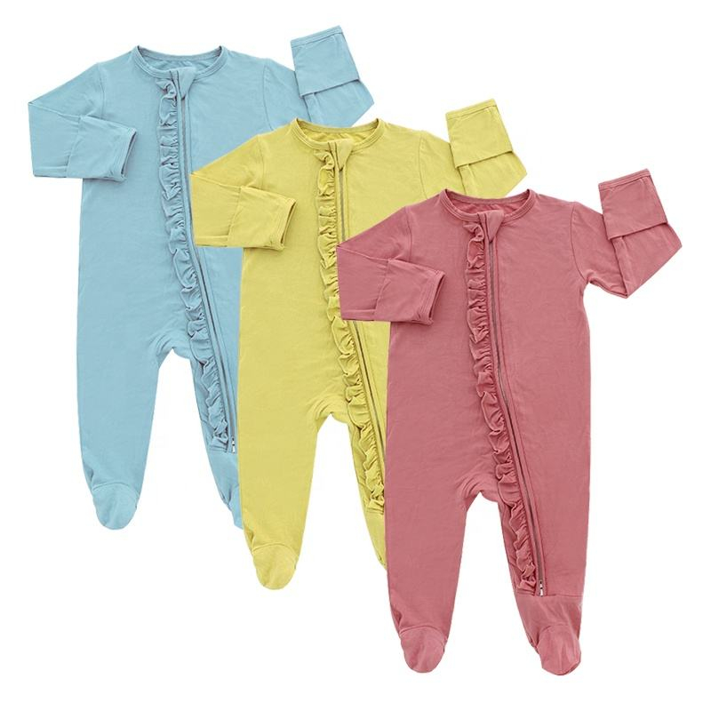 Klassisches Design, hochwertige Kleinkinder-Baby-Reißverschluss-Anzug-Overalls, Bambus-Baumwolle, lange Ärmel, einfarbig, Baby-Strampler
